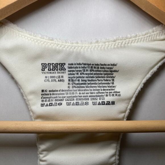 Pink by Victoria Secret Reverse Fleece Lounge Sports Bra Cream black Stripes Med - Picture 7 of 9